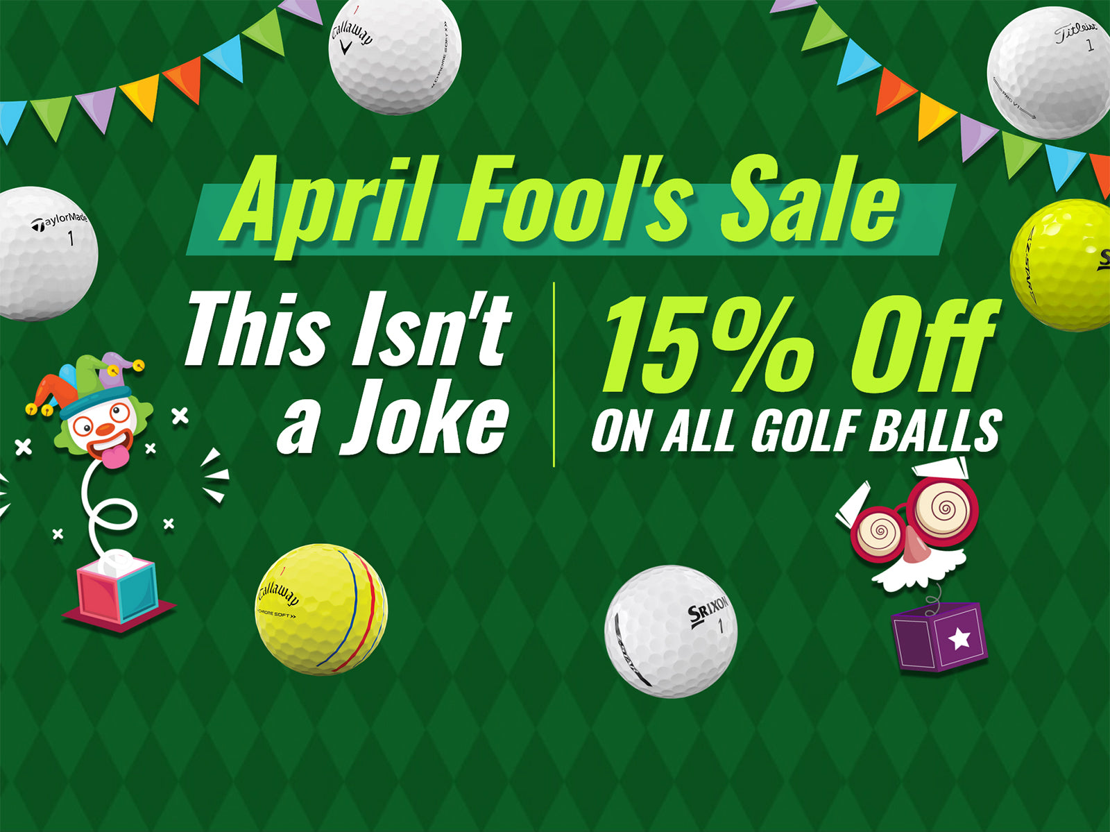 Promotional graphic for April Fool's Sale with golf balls and humorous elements on a green background.
